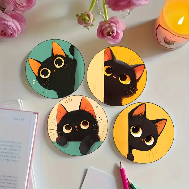 6 fun cat-themed coasters, multi-functional heat-resistant and anti-slip table decorations, perfect gifts for family and friend gatherings, 2D flat.