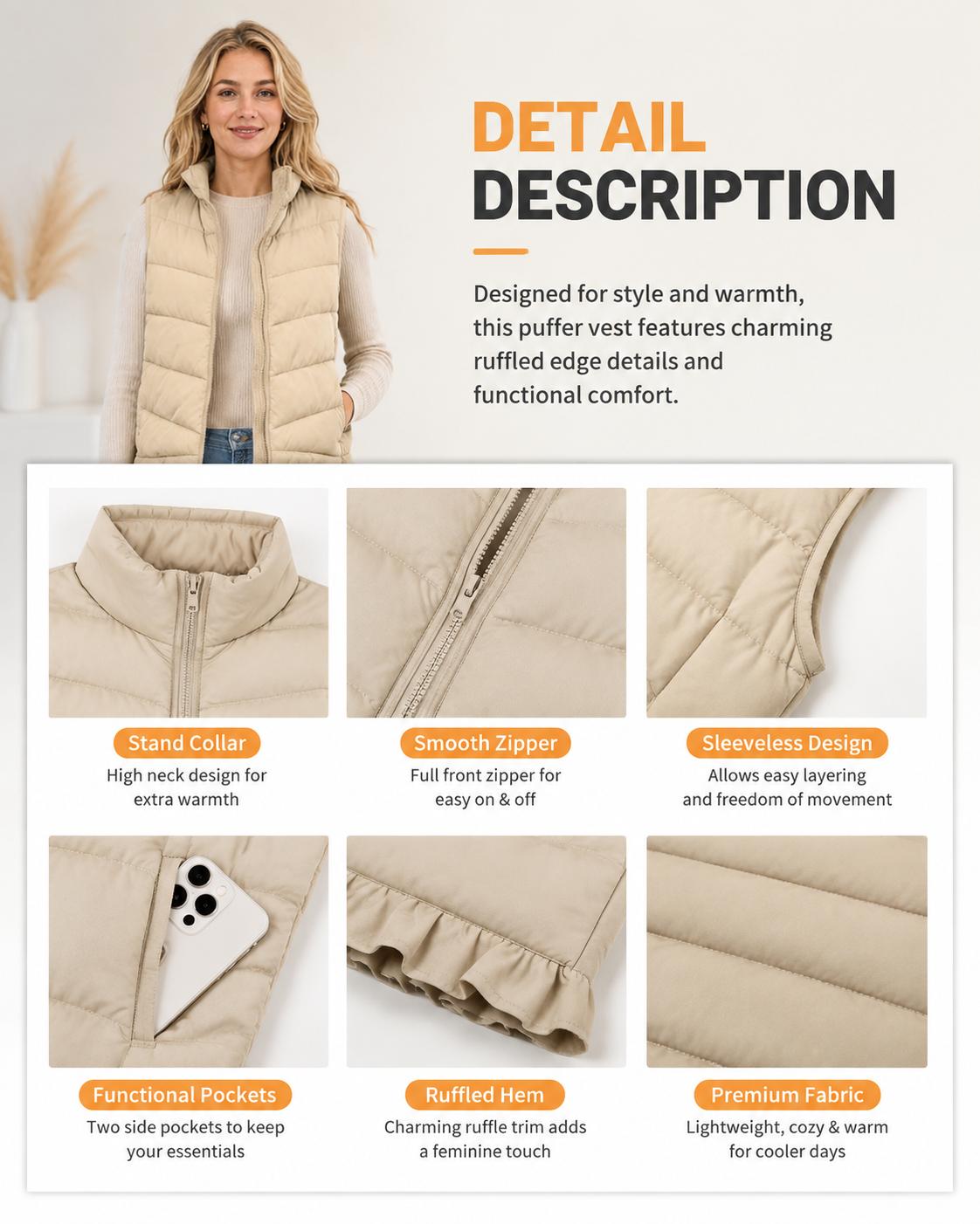 Construction detail of Women's Ruffle-Trimmed Sleeveless Puffer Vest with a stand collar