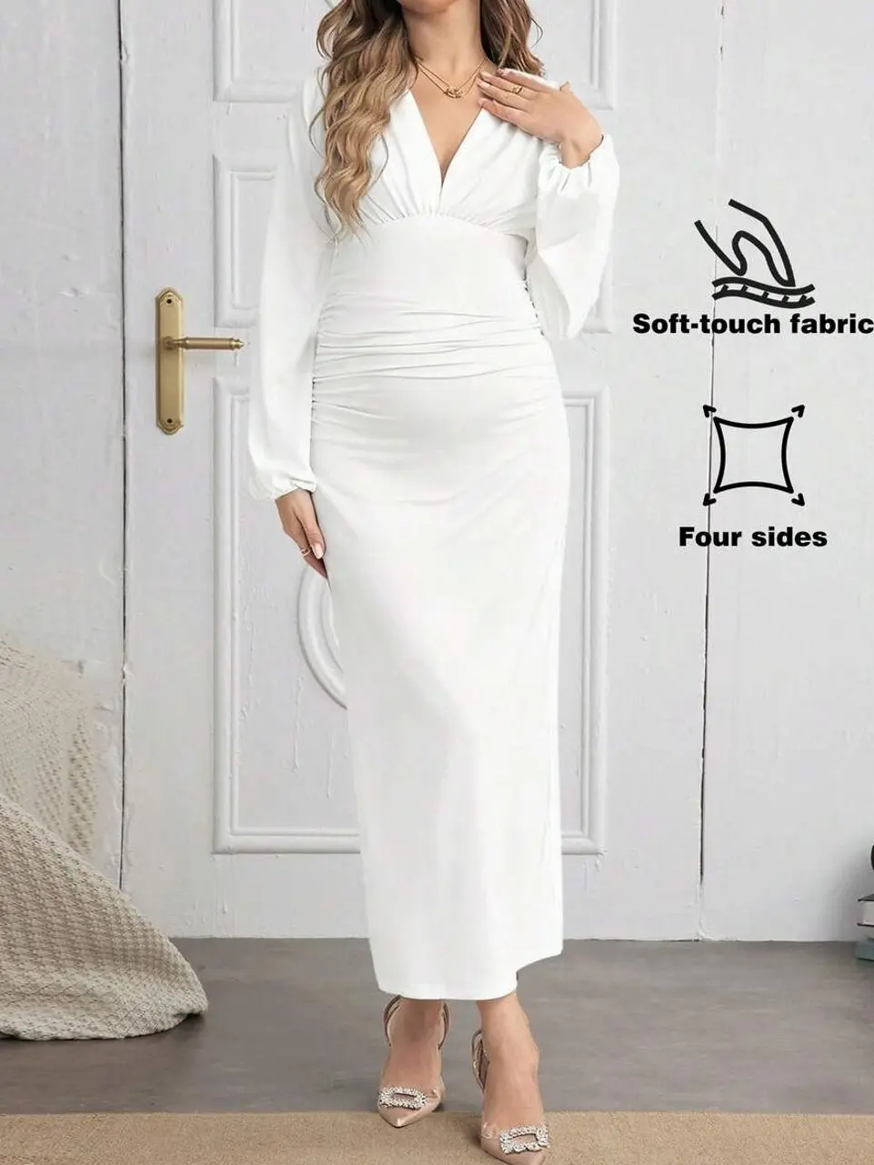Maternity Dress, Baby Shower Dress, V-Neck Pleated Maternity Dress for Special Occasions