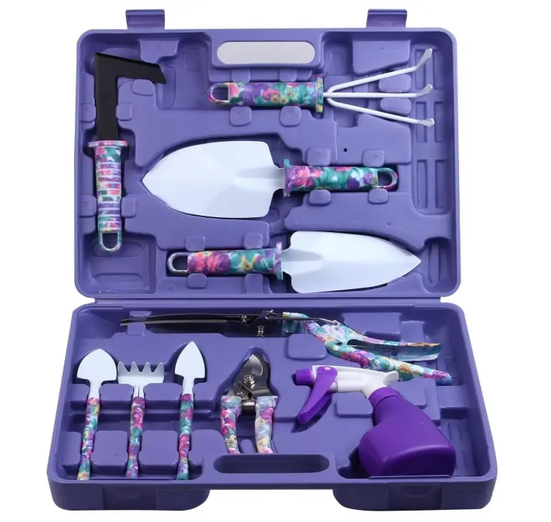 Garden Tools Set, 10 Pieces Gardening Tools with Purple Floral Print, Ergonomic Handle Trowel Rake Weeder Pruner Shears Sprayer