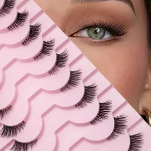 10 pairs Cat-Eye Style Half-Lash Faux-Mink Strips, Clear Bands, wispy short, soft natural volume, suitable for daily wear, vacation, Halloween, Christmas, and New Year's celebrations eyelash makeup