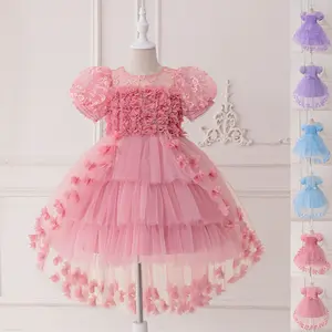 Pink Embroidered Kids Clothes 0132 Flower Girls Frock Ball Gown Pageant Children Elegant Princess Prom Host Formal Evening Party Banquet Cocktail Dress 3-9Y