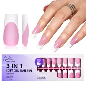 Gellen French Soft Gel Nail Tips - Pink Long Square (150pcs 15 sizes) NO glue included