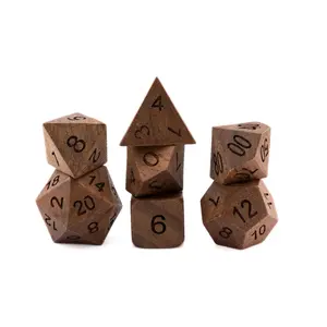 Black Walnut Wood DnD Dice Set: 7 Piece Engraved RPG Dice