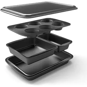 Stackable 5-Piece Baking Bakeware Pan Set Includes Muffin Pan Roaster Pan Square Pan Cookie Sheet Loaf Pan Easy Storage Dishwasher Safe Baking Supplies