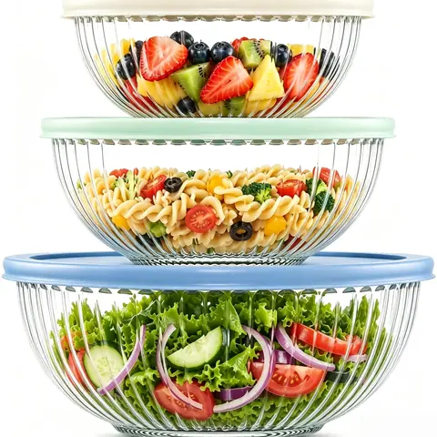 3-Piece Borosilicate Glass Stackable Mixing Bowls Set - Covered, Transparent Ribbed Nesting Bowls (1L/2L/3.5L) for Cooking, Serving Pasta, Desserts, Fruit, Food Storage, Modern Kitchen Tableware