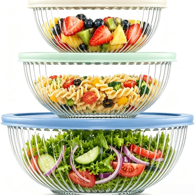 3-Piece Borosilicate Glass Stackable Mixing Bowls Set - Covered, Transparent Ribbed Nesting Bowls (1L/2L/3.5L) for Cooking, Serving Pasta, Desserts, Fruit, Food Storage, Modern Kitchen Tableware
