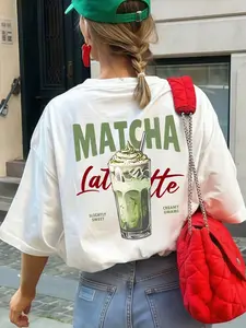Women's "MATCHA LATTE" T-Shirt, Matcha Drink Print Casual Tee, Green Tea Lover Summer Top