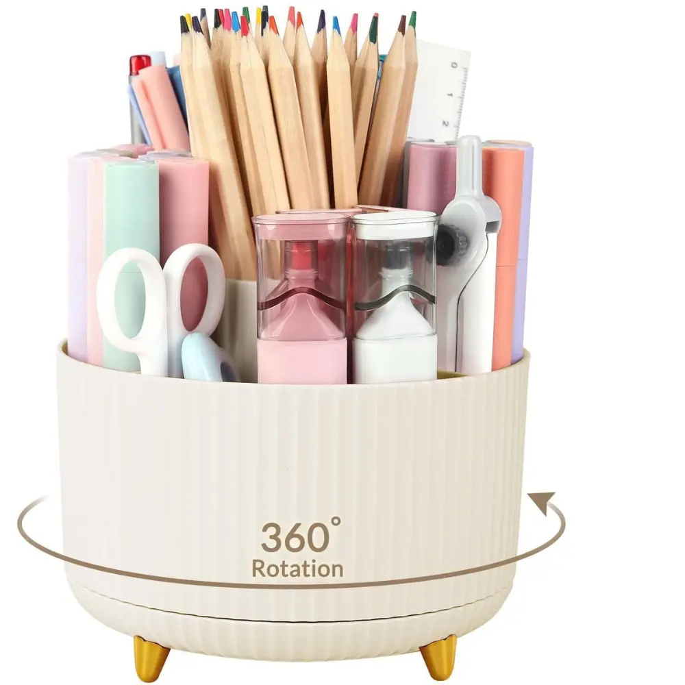 360 Rotating Plastic Desk Pen Organizer with 5 Slots, Dual-Purpose Art Supply Pencil Cup for Office, School, Home