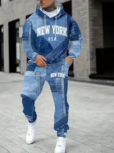 Men's autumn, letter denim effect, hooded sweatshirt and sweatpants two-piece set; fashionable 3D printed imitation denim appearance, perfect for daily wear
