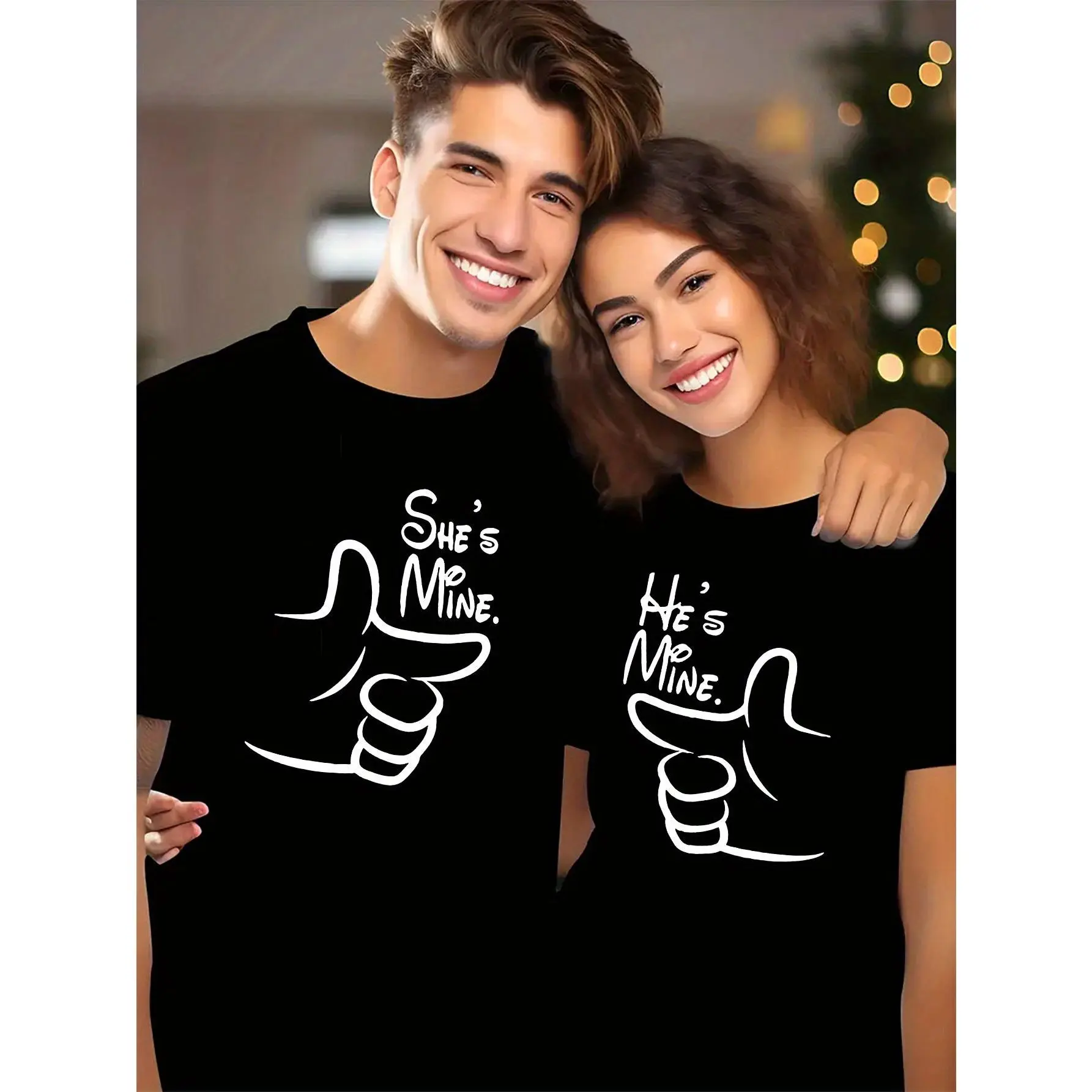 His & Hers Matching Couple T-Shirts - "She's Mine He's Mine We're Mine" Thumbs-Up Graphic, Navy Blue Casual Loose Fit 220GSM, Valentine's Day Gift for Couples, Newlyweds, Holiday Parties