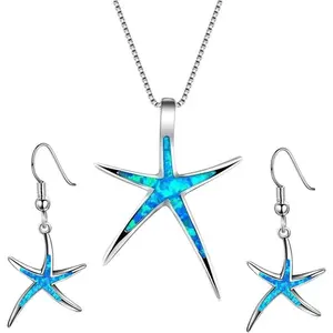 Starfish Turtle Necklace Earrings  Set with Blue  Opal  Sea  Beach  for Women