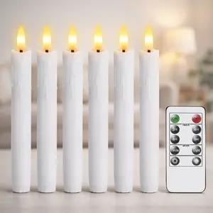 Flameless Taper Candles, 6 Pack White Taper Candles Battery Operated, LED Taper Candles with A Key Remote and Warm 3D Wick Light, 6.88 X 0.78 Inch for Christmas Window Mantle Decor