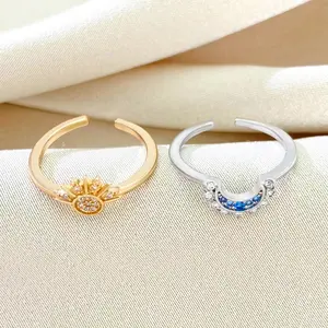 Vintage Sun and Moon Ring, Overlapping Design with Diamond Accents, Adjustable Open Ring for Women