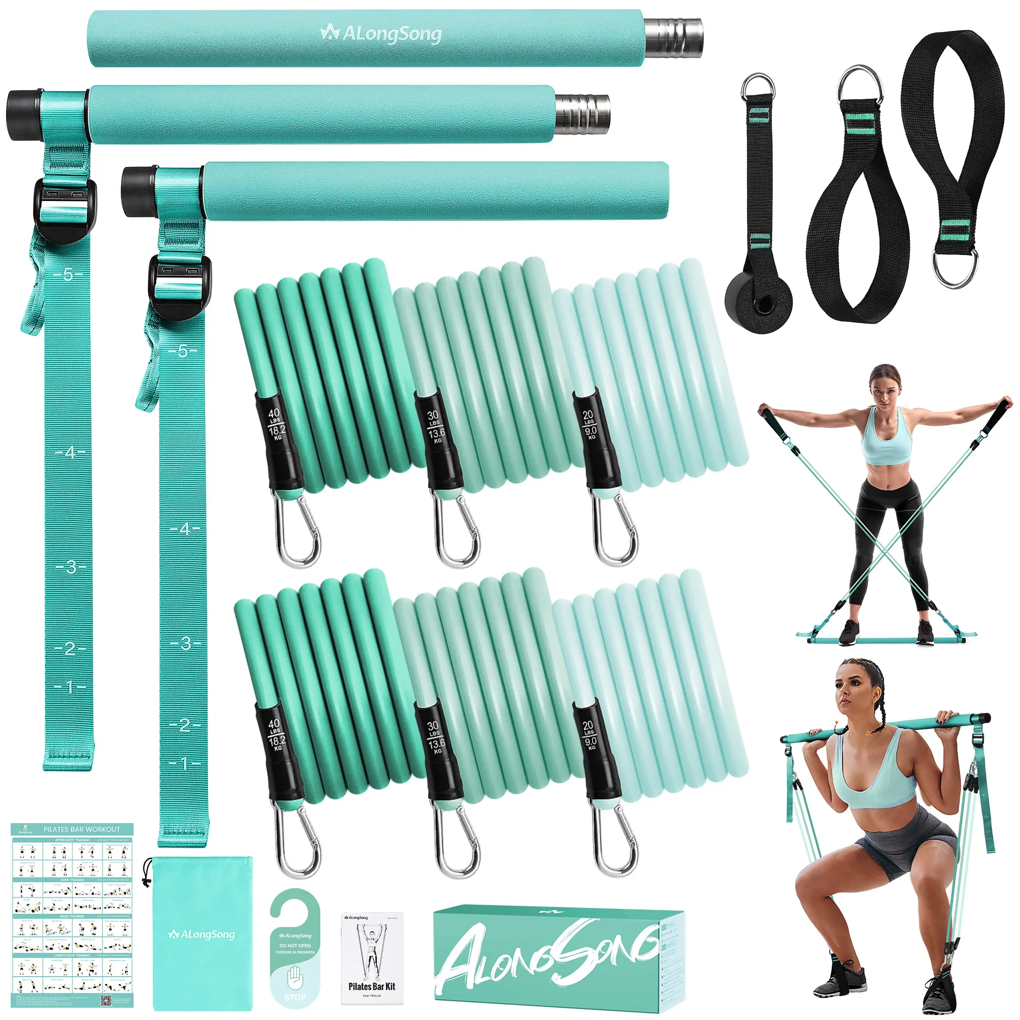 ALongSong Pilates Bar Kit with Resistance Bands, Adjustable Ankle Straps and Door Anchor, Portable Home Exercise Set for Pilates, Yoga, Stretching and Resistance Training, Multiple Colors