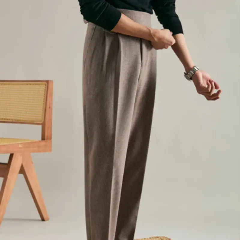 Thick Double Pleated Straight Business Casual Trousers plaid shirt