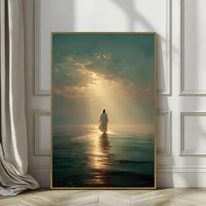 Jesus Walking on Water Canvas Wall Art, Christian Religious Wall Decor, Spiritual Faith Canvas Print with Divine Light for Living Room Bedroom Home