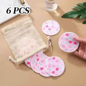 6pcs Strawberry Print Dual-Layer Makeup Sponges, Reusable Soft Face Cleansing Pads, Eye & Facial Cleaning Tools, Water-Wettable