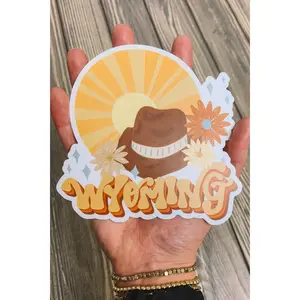 Wyoming Retro Vibes Sticker - Glossy Decorative Vinyl with Sun and Cowboy Hat Design