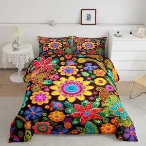Vintage Groovy Flower Designer Comforter Set,Retro Floral Boho Comforter,60S 70S 80S Hippie Flowers Bohemian Luxury Bedding Set,Super Soft Duvet Set