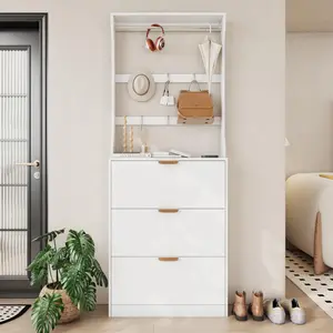 VOWNER Shoe Storage Cabinet with 3 Flip Drawers & Coat Rack, 2 in 1 Hall Tree with 6 Hooks & Hanging Bar, Freestanding Shoe Rack Organizer for Entryway, Hallway, White