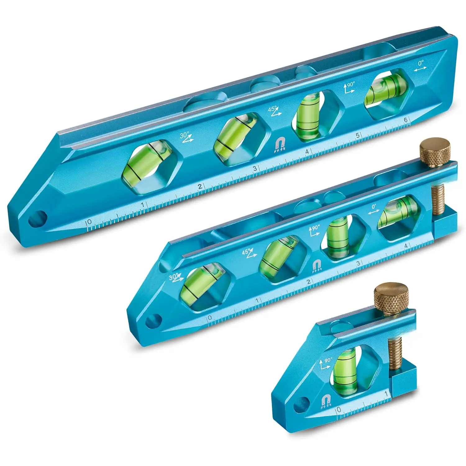 3- Level Tool Set,  Torpedo Level Included 2.5", 6.25", 8" Leveler with 0?/30?/45?/90? Bubbles, V-Groove, Large Viewing Window, Aluminium Alloy Construction, SAE and Metric Scale