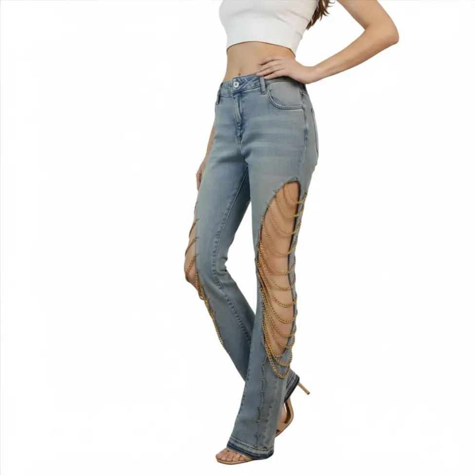 Premium Handcrafted Wildgeese Women's Light Wash Upcycled Denim Jeans with Gold Chain Cutout Detail | Handmade Statement Jeans
