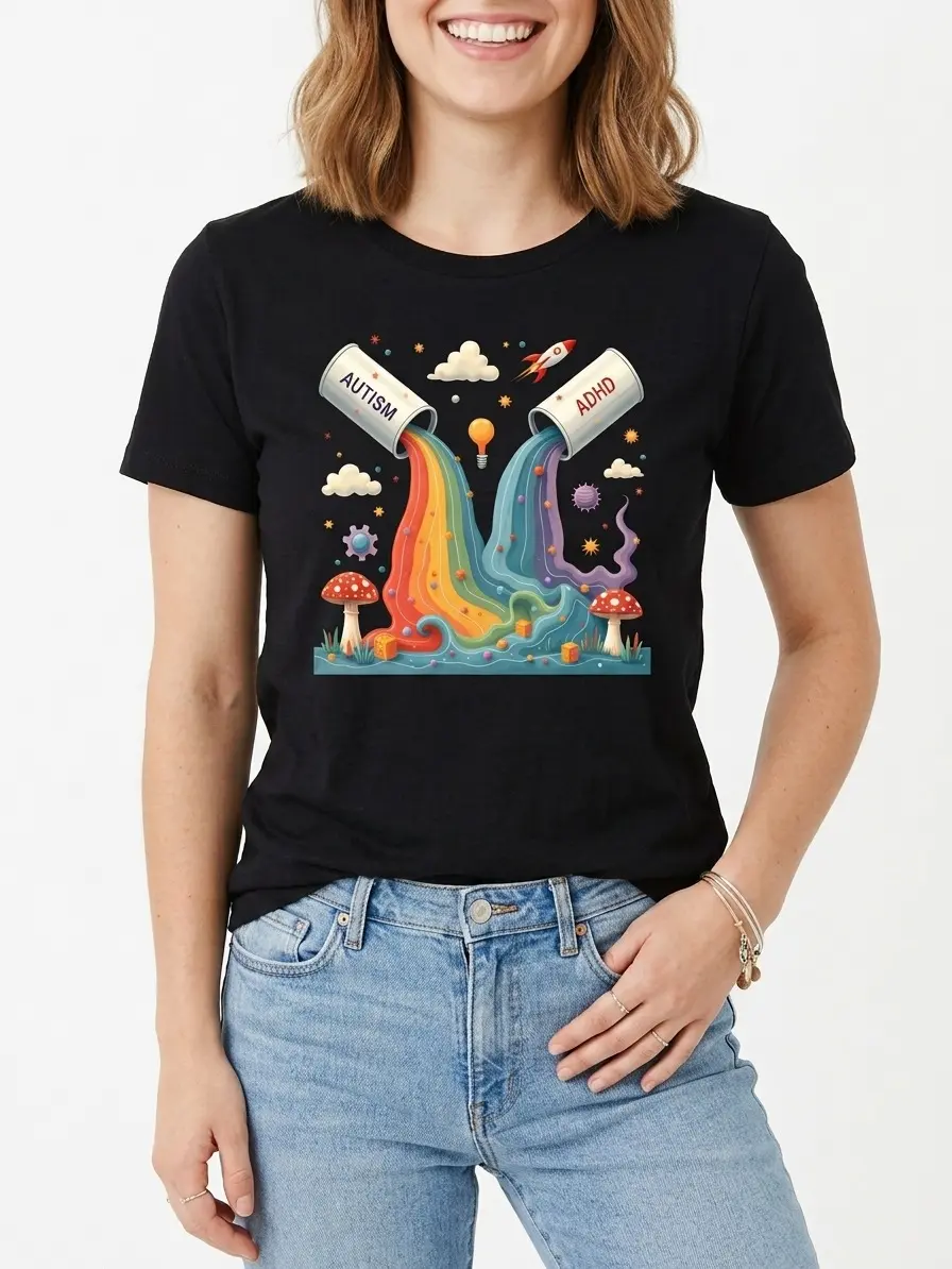 Autism ADHD Graphic Tee 100% Cotton White Black S-3XL Women Neurodivergent-awareness Colorful-style Meaningful-gift