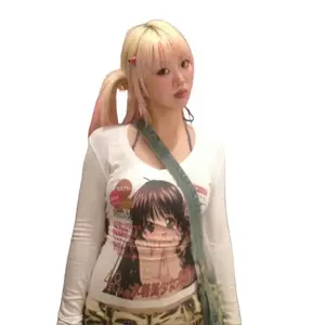 Karrram women’s white Y2K anime print long-sleeve crewneck T-shirt, 2000s aesthetics, vintage Harajuku V-neck, kawaii lolita streetwear casual summer fit maternity fashion Japanese love fashion all seasons