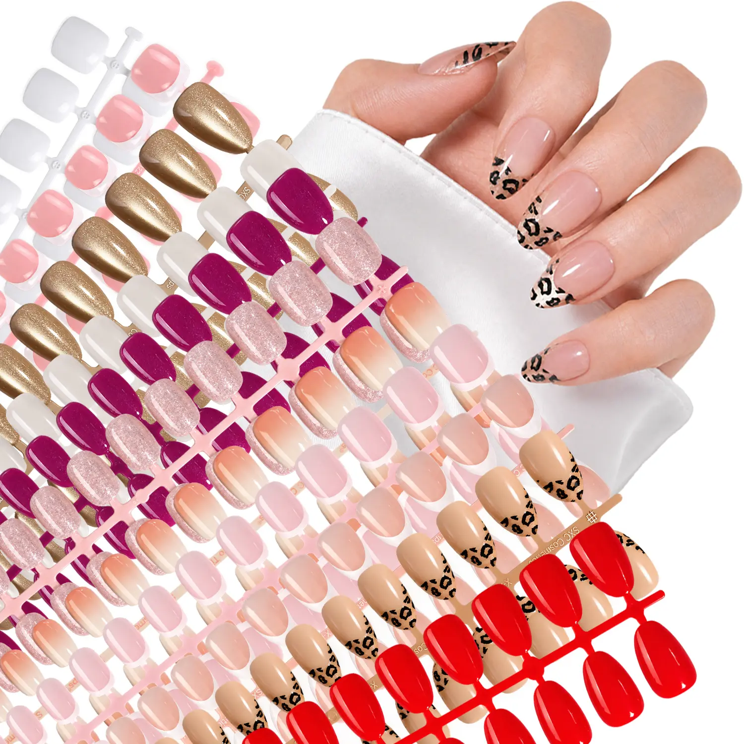 SXC Cosmetics 12-Style Press On Nail Kit – 10 Nail Designs + 2 Toe Nail Sets, Short Almond, Extra Short Almond & Short Square, Complete Nail & Toe Press-On Collection with Application Tools