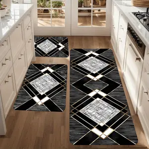 3pcs, Elegantly Designed Geometric Kitchen Rug Set with Black, White, And Golden Patterns, Made of Flannel Material, Comfortable Standing Runner Rug, Suitable for Kitchen, Entryway, Bathroom, Home, Office, Sink, Laundry Room, Home Decor kitchen carpet