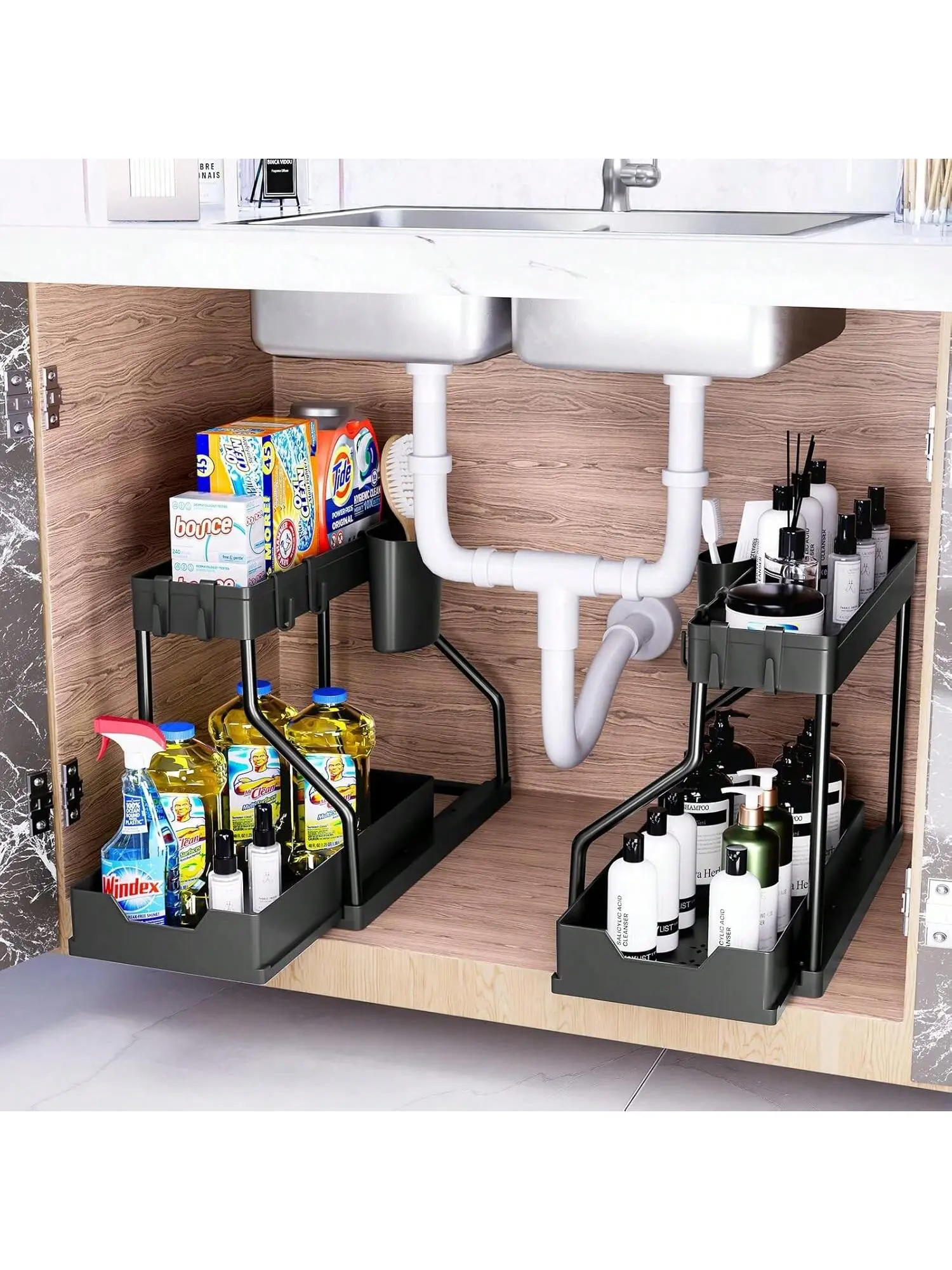 New 2-Piece Set: Double-Tier Under-Sink Storage Rack, Kitchen Cupboard Organiser, Double-Tier Sliding Basket, Storage D...