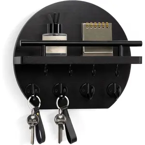 Wall-Mounted Key Holder - 11.8-Inch Wooden Key Rack with Shelf And 8 Hooks, Round Key Storage Organizer, for home Decor Item