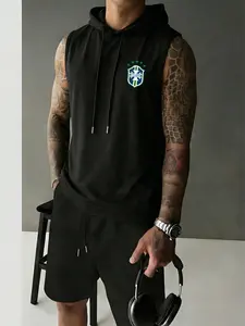 Men's Gym Sleeveless Hooded Tank Top and Shorts Set - Sports Clothing Set - Breathable Athletic Performance Workout Outfit with Brazil Crest - Muscle Fit Training Gear for Bodybuilding & Outdoor Sports