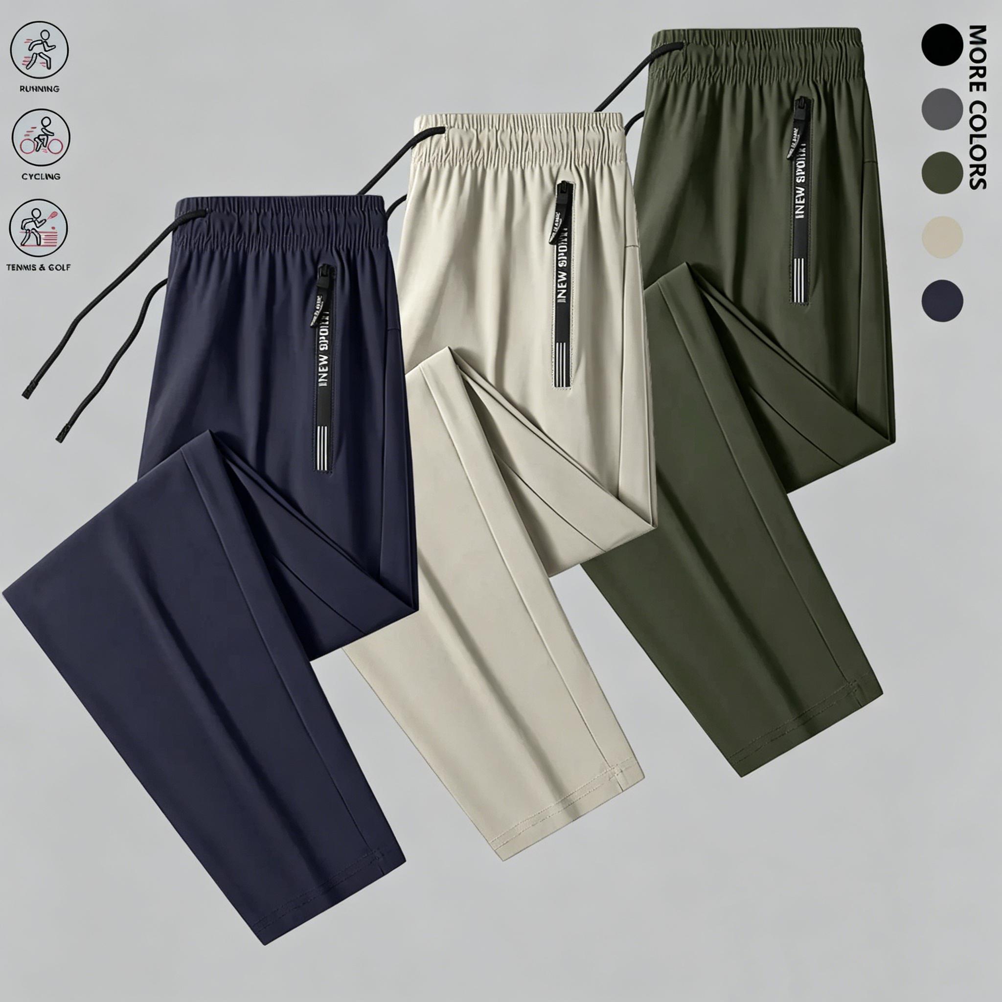 Men’s slim fit ice silk cool-touch lightweight long pants, 3-pack — drawstring elastic waistband design, zippered pockets; a summer essential for everyday casual wear. This flat-foot long pants is ideal for outdoor running and fitness.