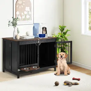 EROMMY 39" Portable Heavy-Duty Escape-Proof Wooden Crate for Small Dogs, Pre-Assembled Indoor Pet Furniture with 2 Bowls, Collapsible Foldable Kennel, Black, Wooden Crates