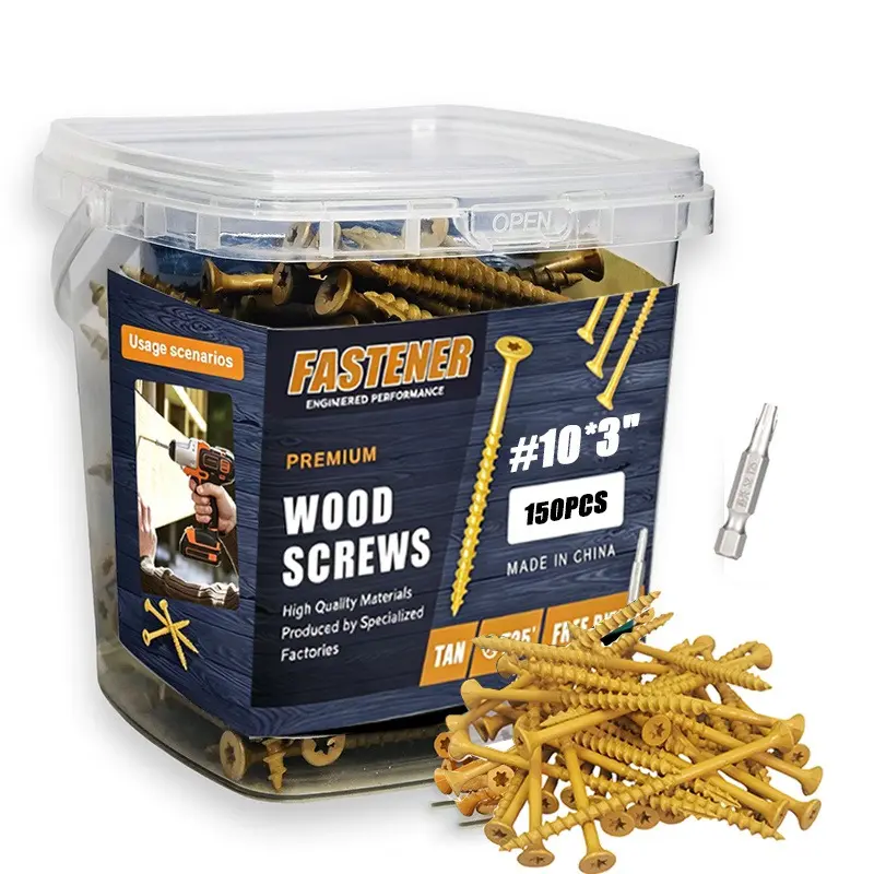 VKKM All-in-1 Multi-Size Screws Set - 150-Pack Bucket #10 x 3" Rust-Resistant Self-Tapping Fasteners, No Pre-Drilling, Free Drive Bit for DIY, Workshop Use