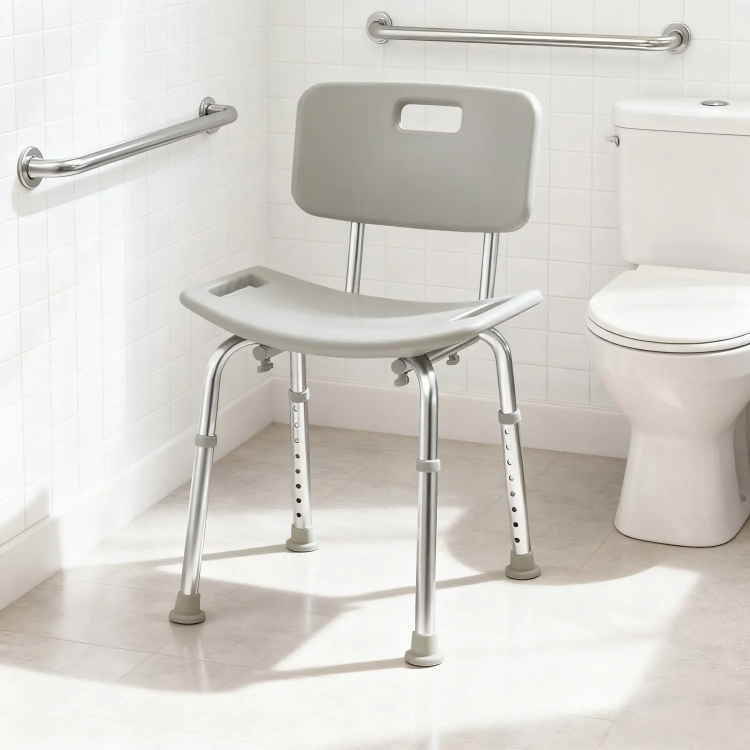 Grey Supportive Metal Shower Chair - User-Friendly Accessibility Aid for Seniors, Stable Bench Stool for Home Bathroom Shower/Bathtub Transfer