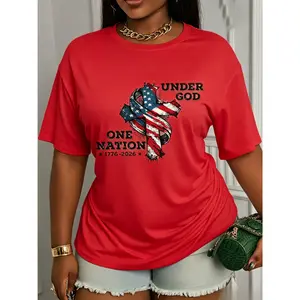 Patriotic Cross American Flag Cotton Tee, "One Nation Under God" Print, Women's White Casual Independence Day Wear