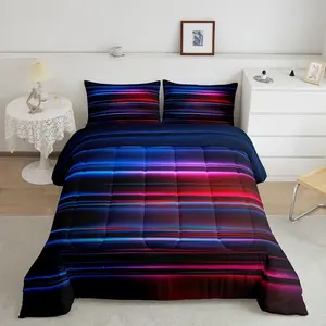Feelyou Microfiber Bedding Set - Luxury Ombre Red, Blue, Black Striped Comforter, Gradient Contemporary Abstract Geometric Duvet Set