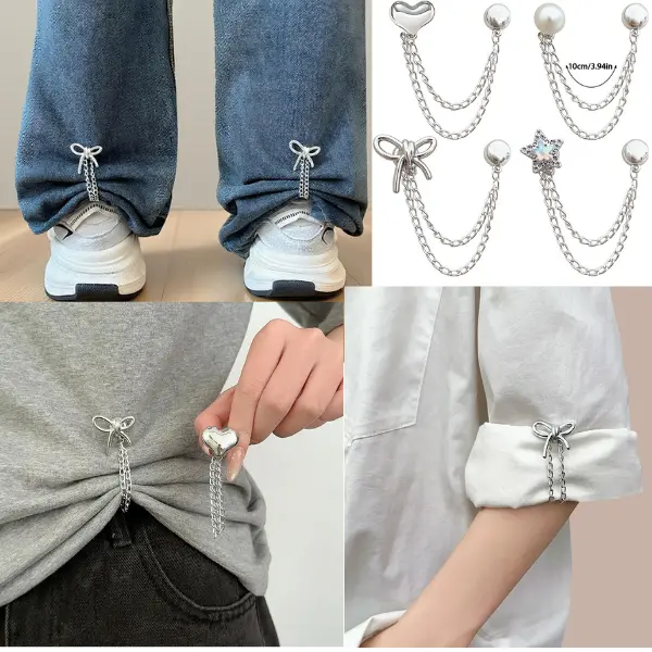 8Pcs Multi Function Clothing Clips for Hemming Metal Star Pearl Heart Bow Shirts Clothes Pant Hem Clips Pin Cute Decorative Long Jeans Pants Legs Sleeves Buttons Chain Clips for Clothing Accessories