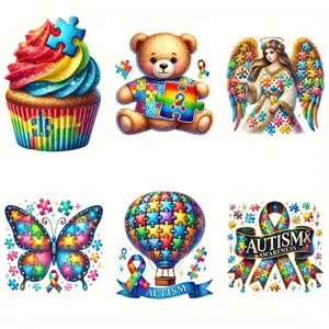 Autism Awareness 6 Pack Iron on Patches, Washeable Vinyl DIY Stickers for Tshirts Pillows Bags, Mixed Colors with 6 Unique Designs (Cake Teddy Bear Puzzle Angel Wings Balloon Butterfly Ribbon) Educati Crafts