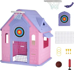 Cottage Playhouse with Magnetic Dartboard, Basketball Hoop, Ring Toss & Soccer Goal – Indoor & Outdoor Playhouse，Purple Wooden