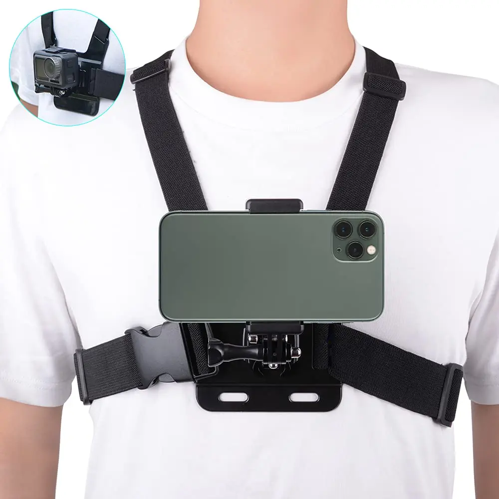 ABS Sporty Mobile Camera Chest Mount Strap Holder Stand - 360-Degree Rotatable, Anti-Slide Adjustable Clip Harness, 145° High Elastic Strap, 10cm J-Base Mount, Fits Most Phones for Video Recording (Phones & Electronics Accessories)