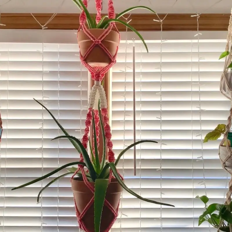 Handmade Pink and White Double Macramé Plant Hanger Boho Home Decor Garden Fiber Art