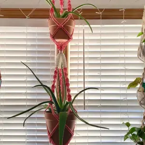 Handmade Pink and White Double Macramé Plant Hanger Boho Home Decor Garden Fiber Art