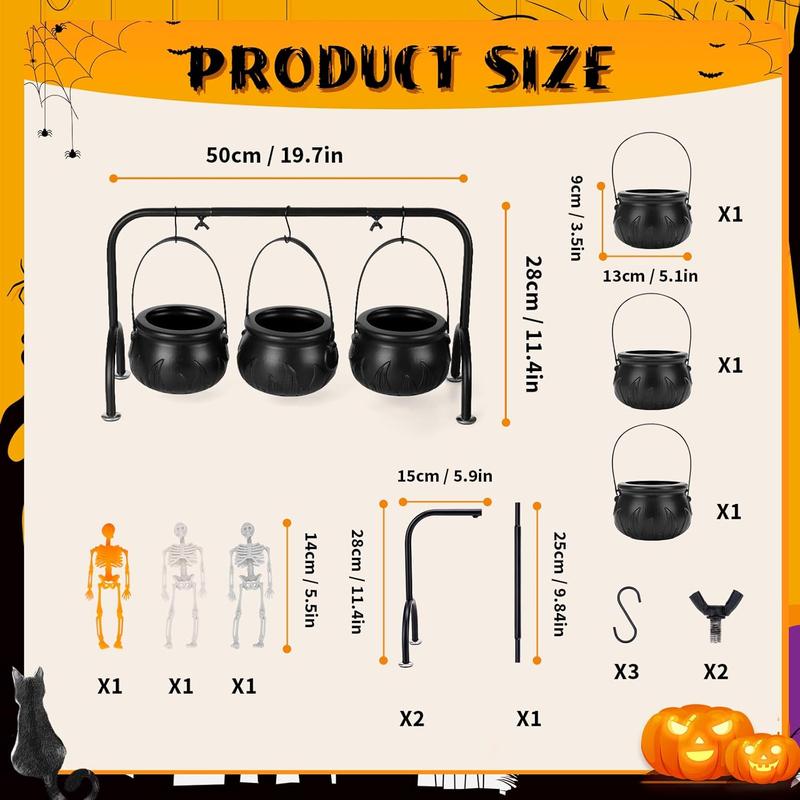 Halloween Decorations Indoor,Halloween Decor- Set of 3 Halloween Witches Cauldron Candy Serving Bowls on Rack,Black Plastic Cauldron with Skeletons for Indoor Outdoor Home Kitchen Decoration