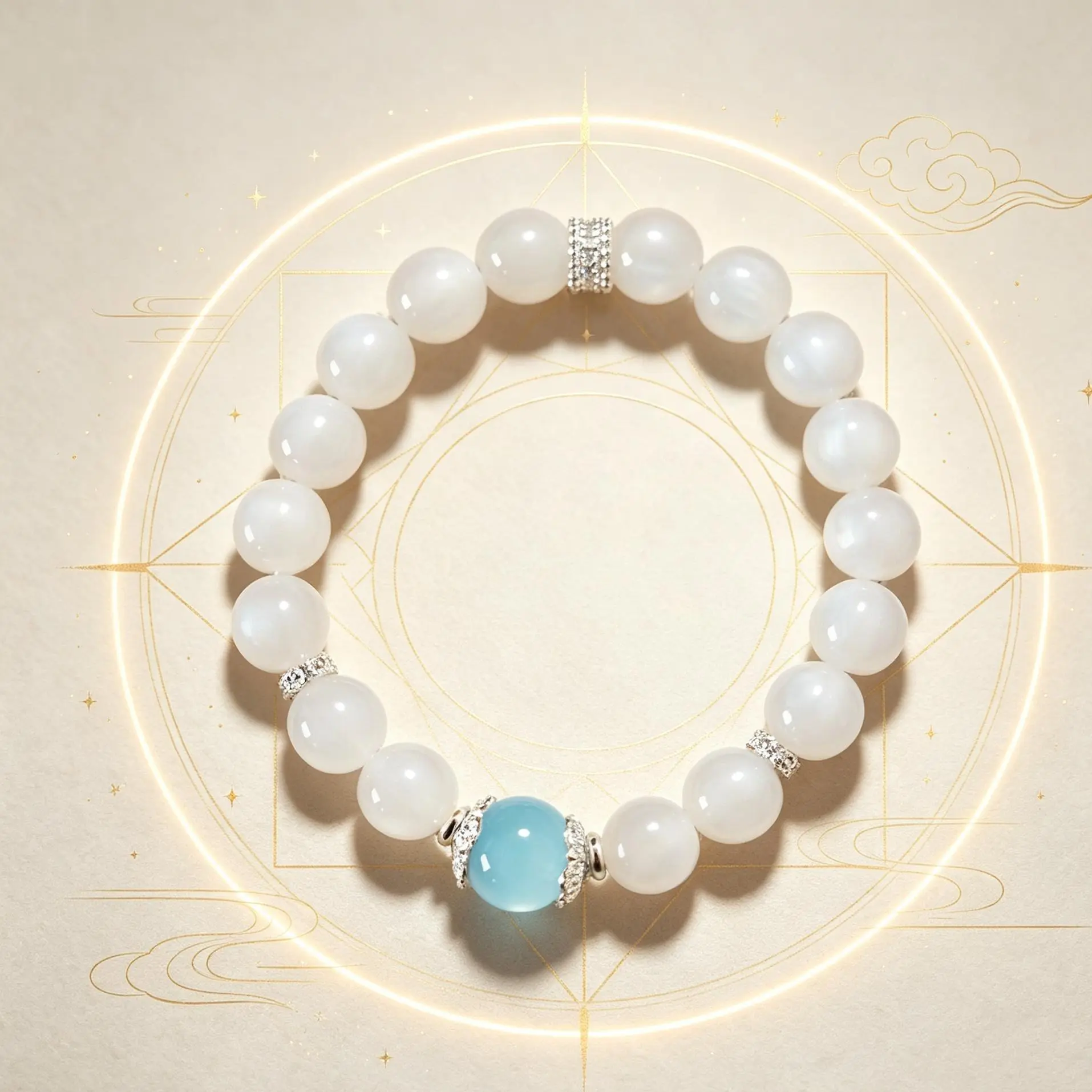 White Cat's Eye & Aquamarine Bracelet, Metal & Water Elements, Purify Negative Energy, Boost Popularity & Noble Luck