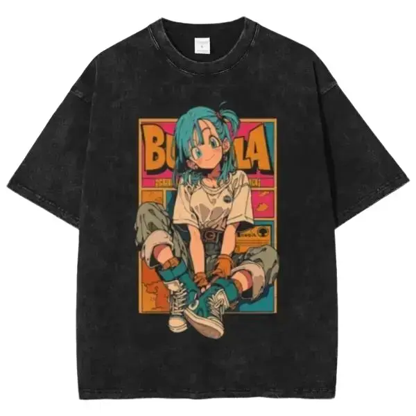Vintage Bulma Wanted Bounty Poster Capsule Corp DBZ Dragon Ball Z Oversized Graphic Tee Heavyweight Acid Wash Cotton Boxy Fit Double Printed T Shirt Y2K Streetwear Gym Pump Cover Japanese Anime Manga Dark Aesthetic Grunge Outfits Merch Top Unisex