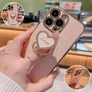 Foldable Love Heart Rhinestone Decor Ring Holder Phone Case, 1 Count Anti-drop Durable Cellphone Protective Case, Shockproof Mobile Phone Cover for iPhone 16 15 14 13 12 11, Accessories
